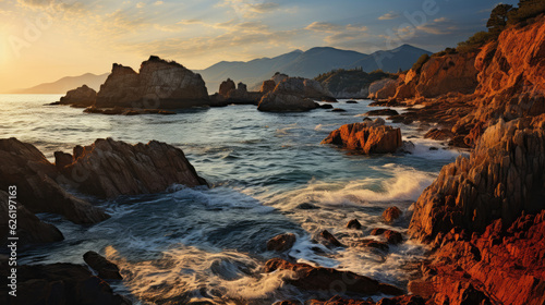 A striking coastal landscape with a rocky outcrop, the setting sun painting it in golden hues. © GraphicsRF
