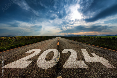2024 written on the asphalt empty road new year background created with generative ai photo