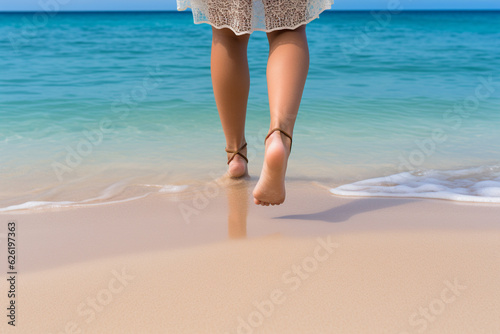 Woman's feet gracefully walking on a tranquil beach, leaving imprints in the soft, beautiful sand as sea waves gently caress the shoreline.Ai generated