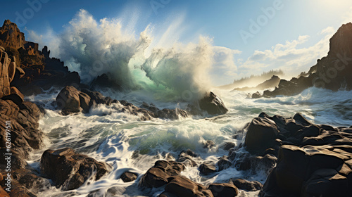 A rugged shoreline of sharp, jagged rocks being pummeled by powerful, frothing waves.