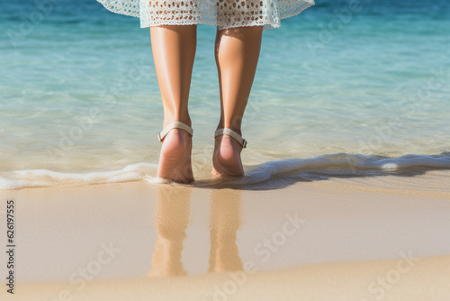 Woman's feet gracefully walking on a tranquil beach, leaving imprints in the soft, beautiful sand as sea waves gently caress the shoreline.Ai generated