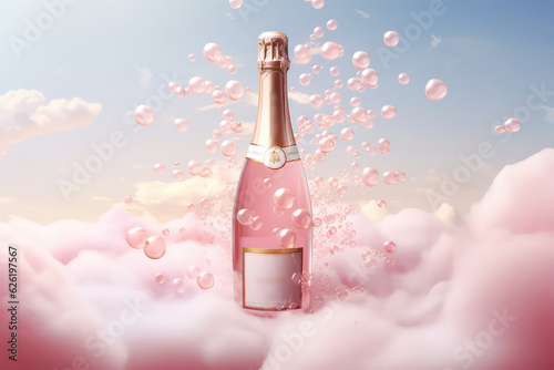 Pink champagne bottle with clean label for product design against pastel fluffy clouds and sky. Creative concept of pink sparkling wine. 3d render illustration style. 
