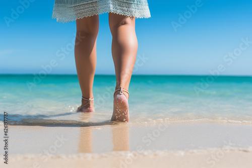 Woman's feet gracefully walking on a tranquil beach, leaving imprints in the soft, beautiful sand as sea waves gently caress the shoreline.Ai generated