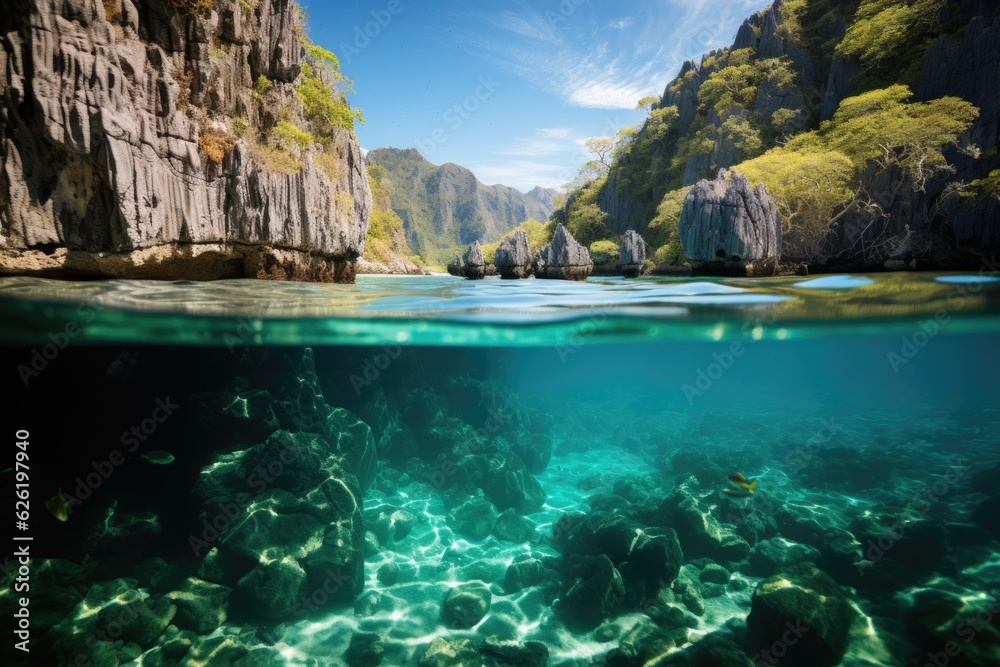 An underwater view of a river with rocks and water. Transparent lake, split frame, over water and under water.