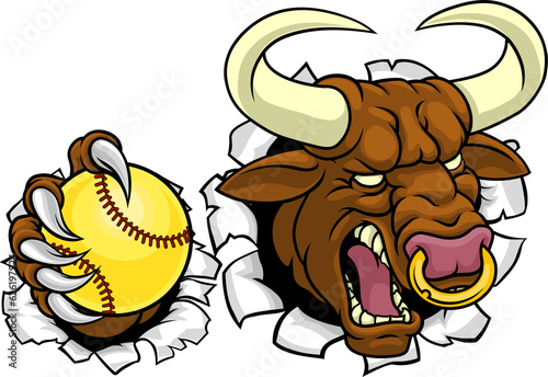 Bull Minotaur Longhorn Cow Softball Mascot Cartoon photo