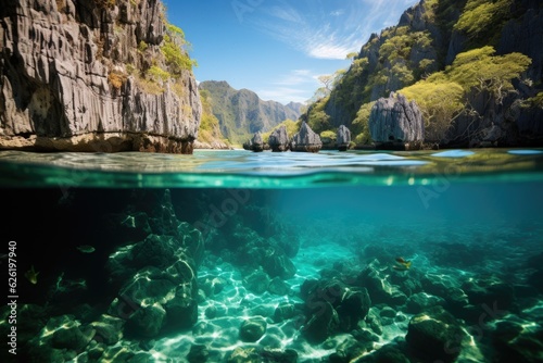 An underwater view of a river with rocks and water. Transparent lake, split frame, over water and under water.