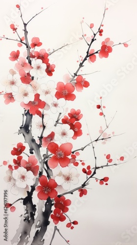 An oriental painting of a tree with red and white flowers.