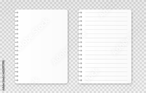 Vector realistic sheets of paper. Torn sheets of paper png. Lined sheet, blank sheet mockup png. Sheets from a notebook.