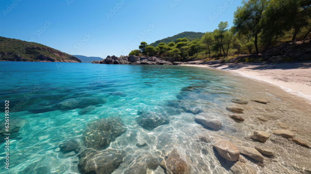 A secluded bay with white sandy beach, the water glowing turquoise under the warm afternoon sun.