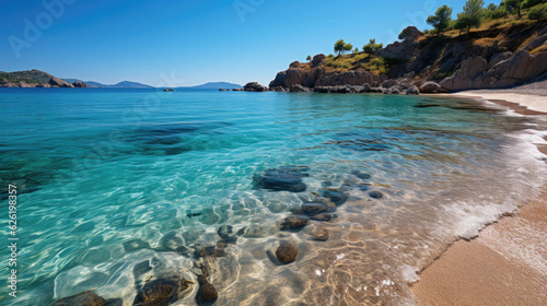 A secluded bay with white sandy beach  the water glowing turquoise under the warm afternoon sun.
