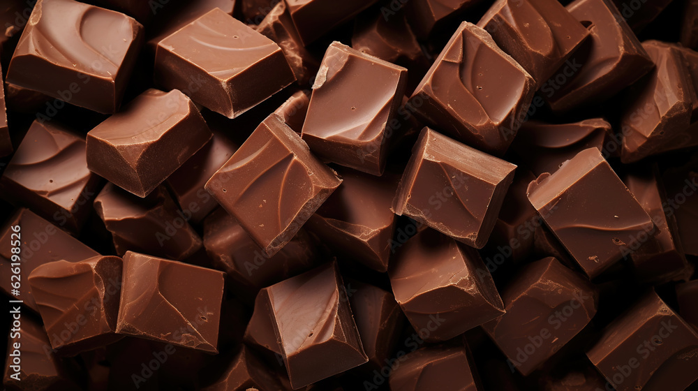 Milk chocolate chunks background. Top view of many chocolate blocks. Generative AI Milk chocolate chunks background. Top view of many chocolate blocks. Generative AI