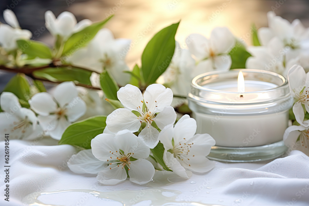 Apple blossom-scented candle with apple blossom flowers Apple blossom-scented candle with apple blossom flowers
