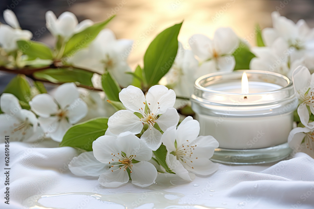 Apple blossom-scented candle with apple blossom flowers