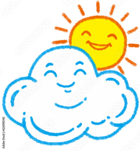 Cute cloud and smiling sun, cute cartoon character illustration isolated on white background. Hand drawn pastel, crayon, oil pastel and chalk paint