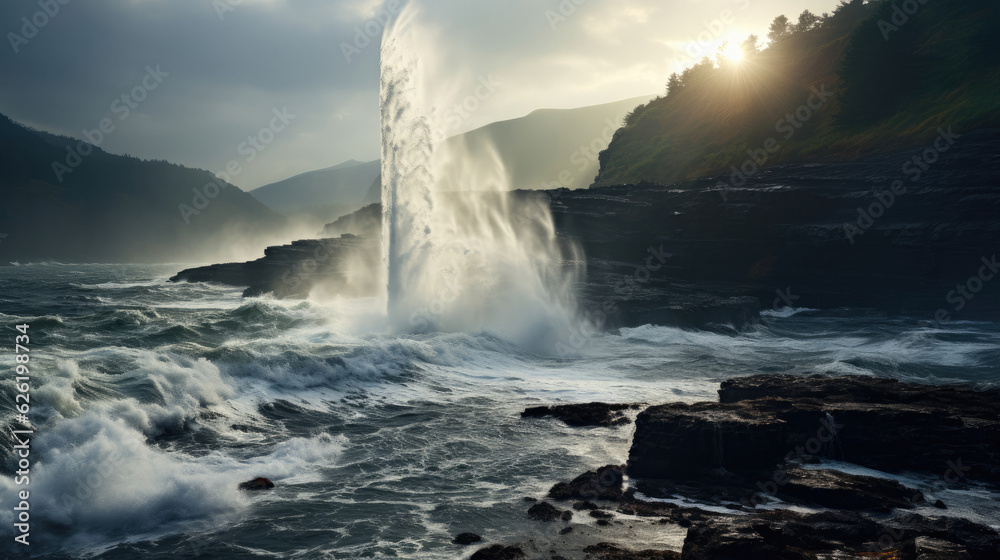 The ominous sight of a waterspout forming off the rugged coast, casting a dark shadow on the water.