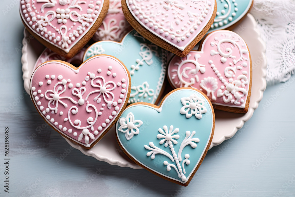 Heart-shaped gingerbread cookies with icing designs in autumn Heart-shaped gingerbread cookies with icing designs in autumn