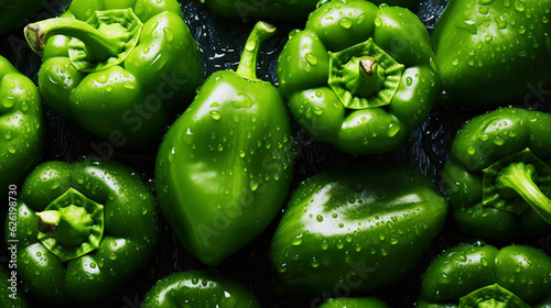 Fresh green bell peppers with water drops background. Vegetables backdrop. Generative AI