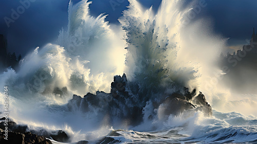 An awe-inspiring sight of waves crashing into a sea stack, creating a stunning display of spray and foam.