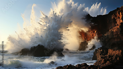 An awe-inspiring sight of waves crashing into a sea stack, creating a stunning display of spray and foam.