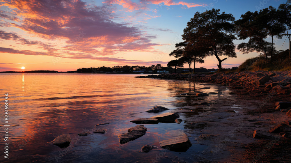 A tranquil coastal lagoon at sunset, the surface of the water reflecting the vibrant colors of the sky.