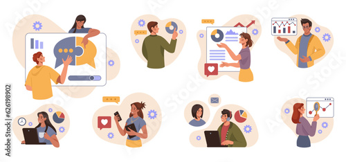 Fototapeta Naklejka Na Ścianę i Meble -  Business people. Team work. Success corporate persons. Job collaboration. Online teamwork. Workers showing infographics at whiteboard. Office employees set. Vector tidy flat concept