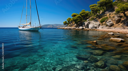 A tranquil coastal scene with a sailboat anchored in a secluded bay, surrounded by a lush, green landscape.