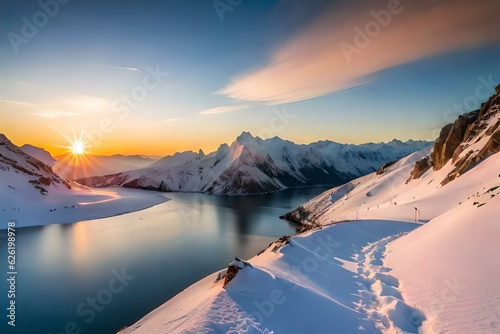 sunrise over the lake genreated by AI technology photo