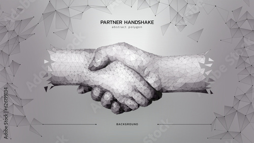 Partners handshake. Business partnership. Abstract polygon hands touching. 3D meeting technology. Shaking arms gesture. Friendship and cooperation. Vector exact monochrome background