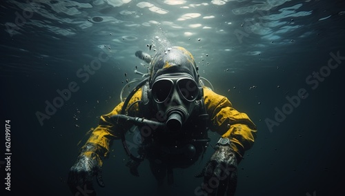 portrait of scuba diver in the deep sea with bubbles floating up in a cinematic illustrative style looking into the camera