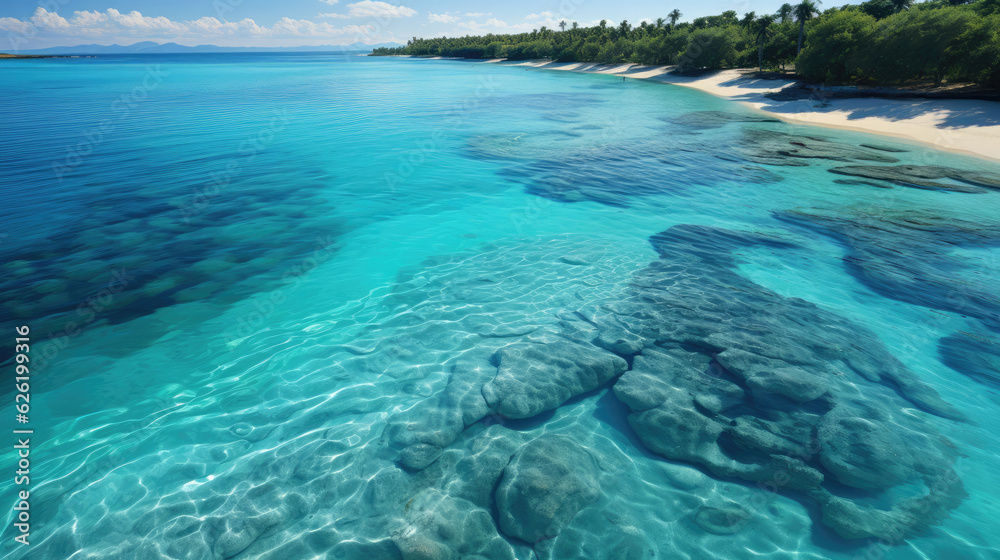 Obraz premium The bird's eye view of a sandbar, splitting the turquoise ocean into contrasting patches of dark and light blue.