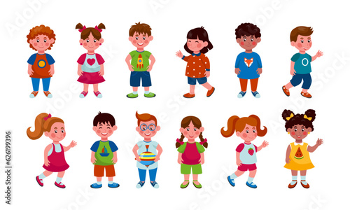 Cartoon children. Happy girls and boys, cute school or kindergarten students, multicultural people. Kids waving hands, holding toys. Positive characters laughing. Vector tidy isolated set
