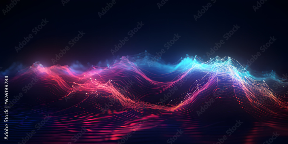 Abstract futuristic background with bokeh lights, pink, blue, and neon moving wave lines. Concept of data transfer Wonderful wallpaper, Generative Ai 