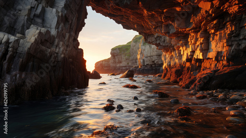 A captivating coastal landscape with a sea cave, the interior glowing under the warm light of the setting sun.