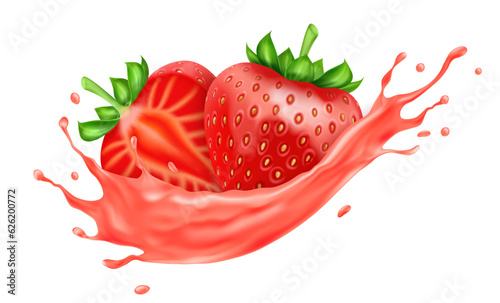 Realistic strawberry in liquid. Whole and half berries. Fresh summer raw fruit for packaging and advertising yoghurt, milkshake or juice decor. 3D isolated vector illustration