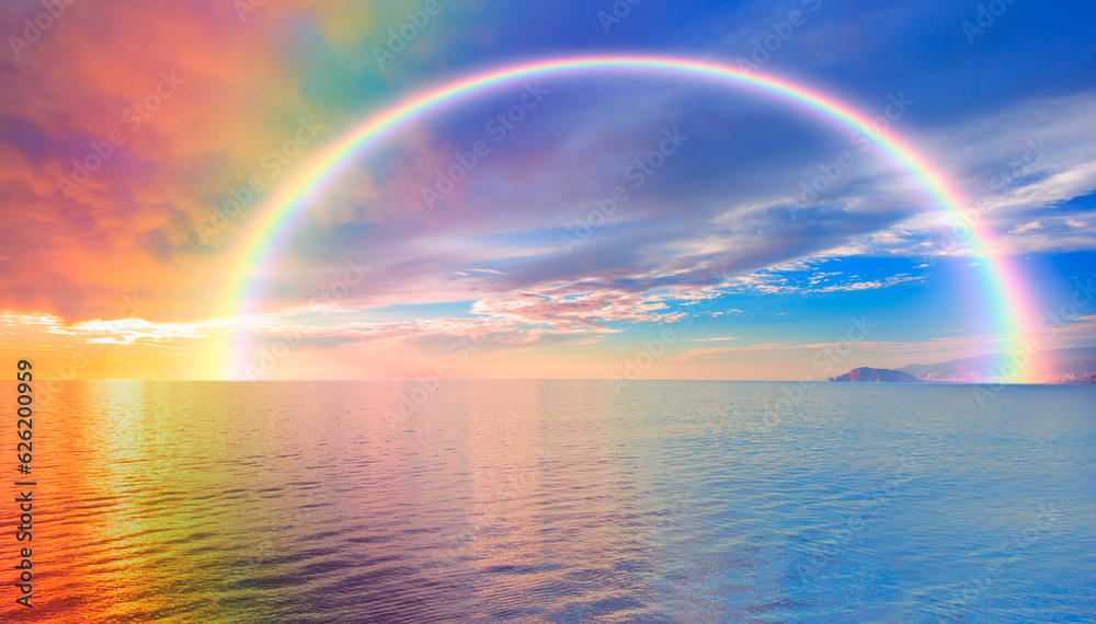 Beautiful landscape with turquoise sea with double sided rainbow at sunset