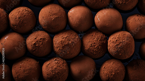 Chocolate truffles background, top view. Sweet cocoa candy. Generative AI