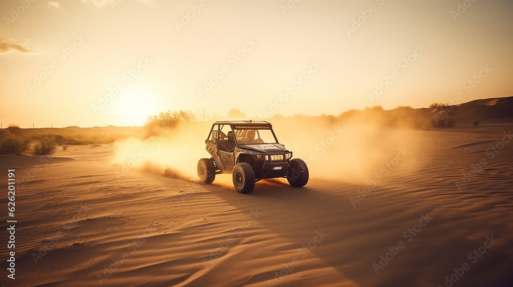 Fototapeta premium Sandbuggy fahren zum Sonnenuntergang KI