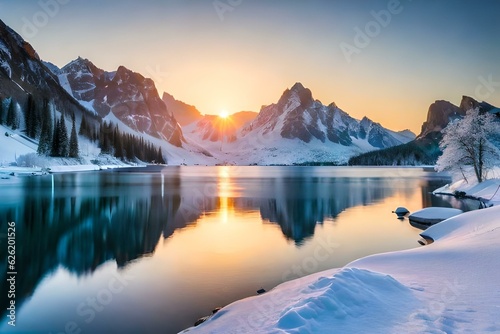 sunrise over the lake and mountains generated by AI technology