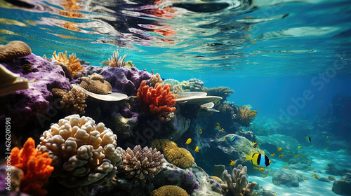 A vibrant, colorful coral reef just off the beach, its beauty visible through the clear, turquoise water.