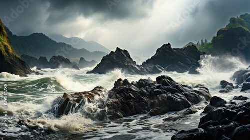 Rough waves lashing a jagged rocky coastline under a cloud-heavy sky  threatening a downpour.