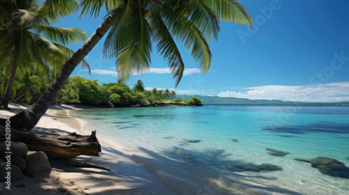 A secluded white sandy beach under the shade of leaning palm trees, facing a calm azure sea.