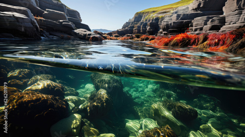 A mesmerizing rock pool nestled between jagged cliffs, teeming with a variety of vibrant sea life. © GraphicsRF