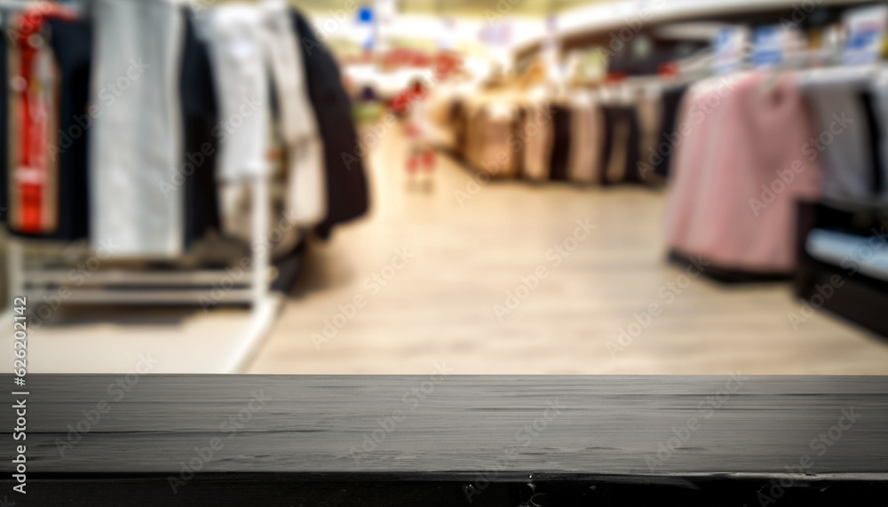 free space for your decoration, black wooden desk, black table with clothes Supermarket on the background out focus, wallpaper.png 2, Ai Generate 