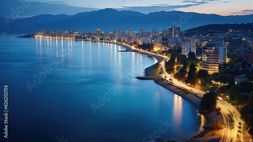 A panoramic view of a coastal city at twilight, its lights shimmering on the calm sea. © GraphicsRF