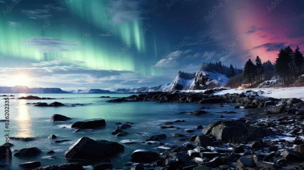 A lonely, frozen coastline in the polar night, under the ethereal dance of the aurora borealis.