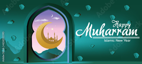 Happy Muharram Islamic window with moon
