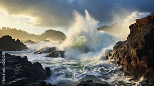 A dramatic coastal scene of a cliff plummeting into the wild, churned up ocean under a stormy sky. © GraphicsRF