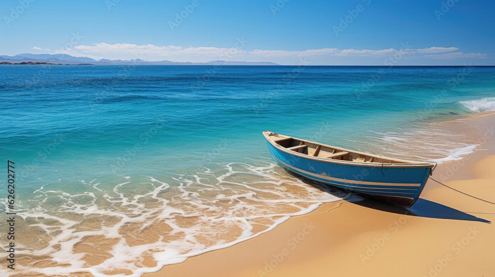 A panoramic view of a coastal desert, the golden sand dunes extending into the clear, blue sea.