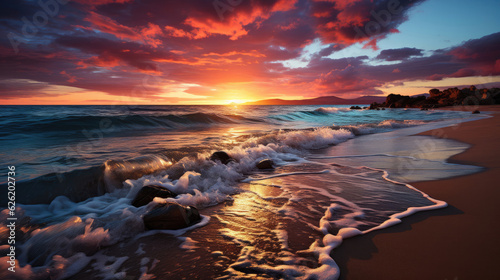 A breathtaking scene of a sandy beach under a spectacular sunset  the calm sea aglow with radiant hues.