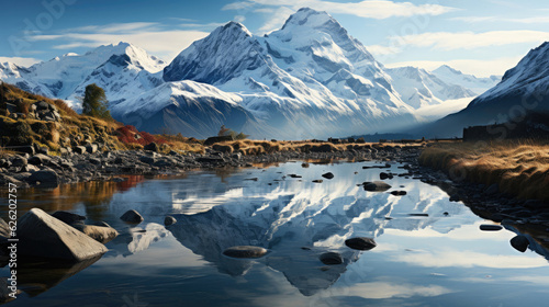 An awe-inspiring view of a coastal fjord at dawn, the mountains mirrored perfectly in the calm water.